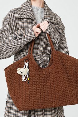 Classy Coffee Solid Durable Large Capacity Knit Tote Handbag