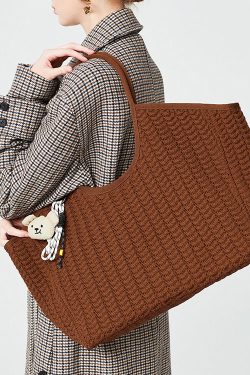 Classy Coffee Solid Durable Large Capacity Knit Tote Handbag