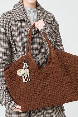 Classy Coffee Solid Durable Large Capacity Knit Tote Handbag