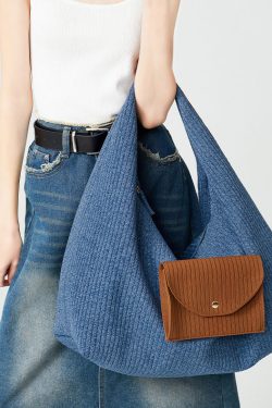 Classy Denim Blue Large Capacity Patchwork Pocket Cotton Shoulder Bags
