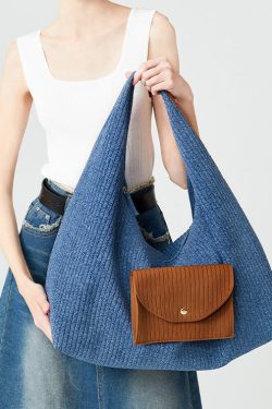 Classy Denim Blue Large Capacity Patchwork Pocket Cotton Shoulder Bags