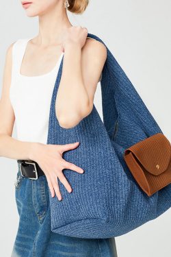 Classy Denim Blue Large Capacity Patchwork Pocket Cotton Shoulder Bags