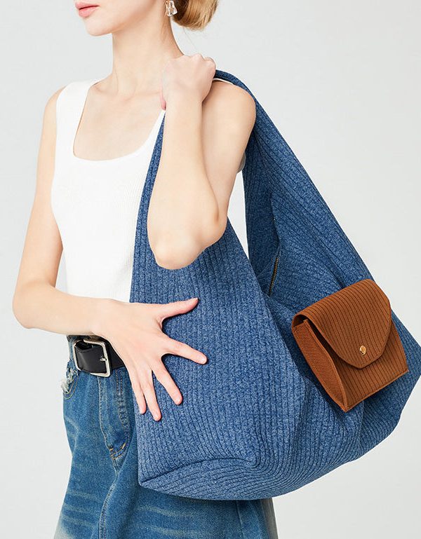Classy Denim Blue Large Capacity Patchwork Pocket Cotton Shoulder Bags
