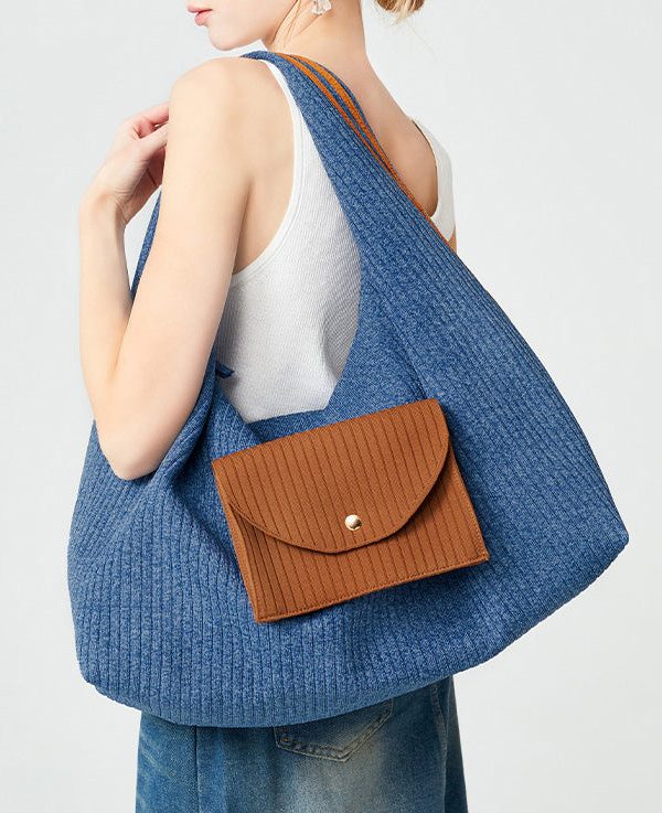 Classy Denim Blue Large Capacity Patchwork Pocket Cotton Shoulder Bags
