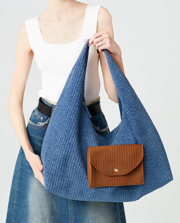 Classy Denim Blue Large Capacity Patchwork Pocket Cotton Shoulder Bags