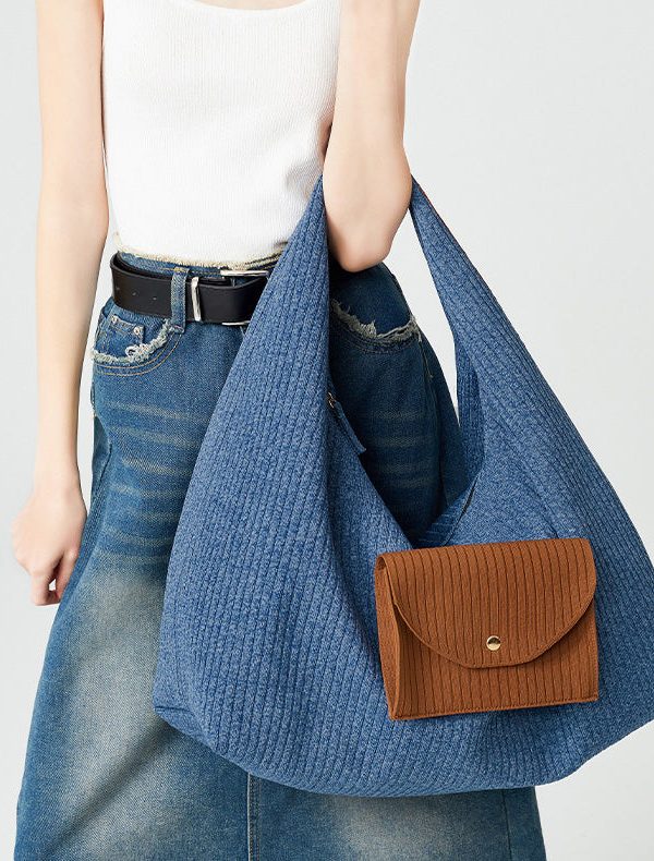 Classy Denim Blue Large Capacity Patchwork Pocket Cotton Shoulder Bags