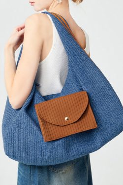 Classy Denim Blue Large Capacity Patchwork Pocket Cotton Shoulder Bags