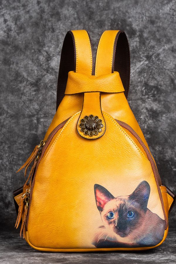 Classy Green kitten Print Calf Leather Backpack Bag