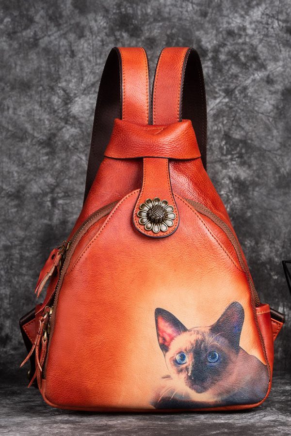 Classy Green kitten Print Calf Leather Backpack Bag