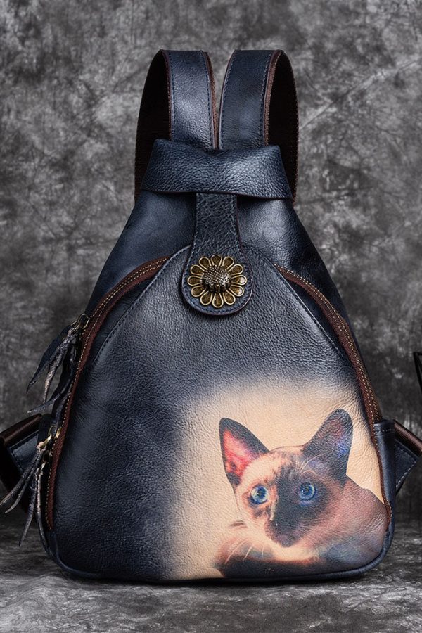 Classy Green kitten Print Calf Leather Backpack Bag