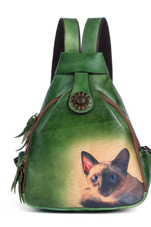 Classy Green kitten Print Calf Leather Backpack Bag