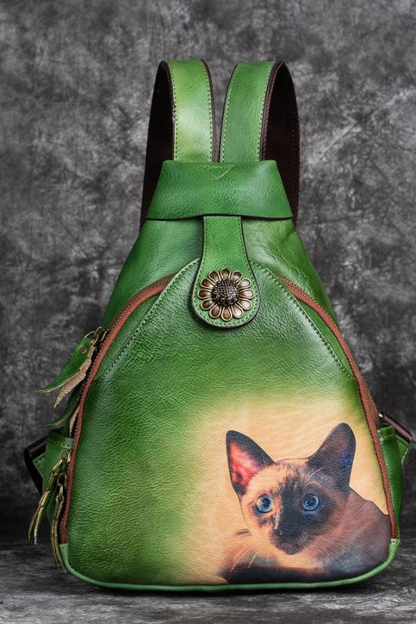 Classy Green kitten Print Calf Leather Backpack Bag