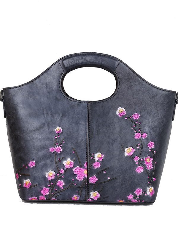 Classy Grey fashion Embossing Paitings Calf Leather Tote Handbag