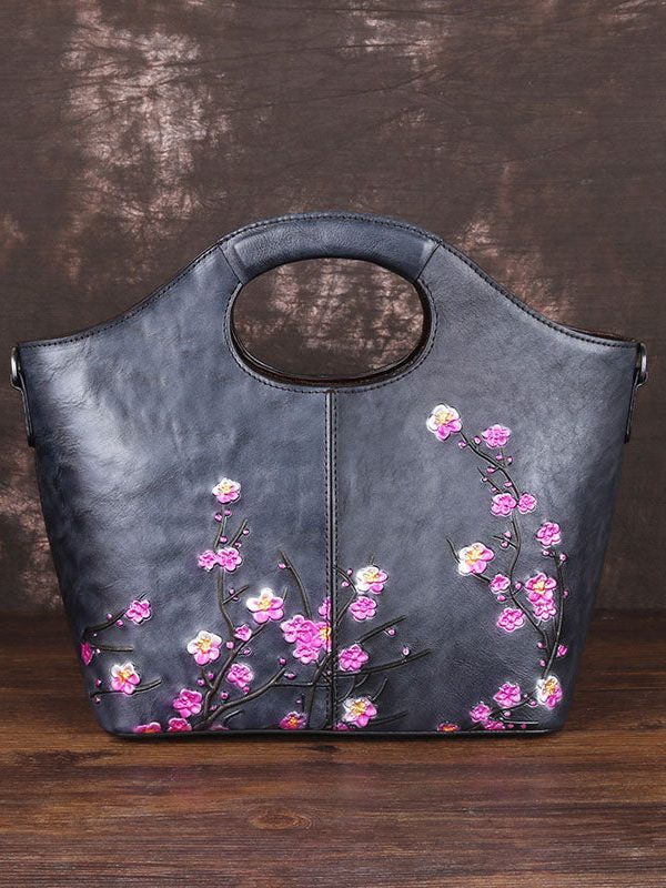 Classy Grey fashion Embossing Paitings Calf Leather Tote Handbag