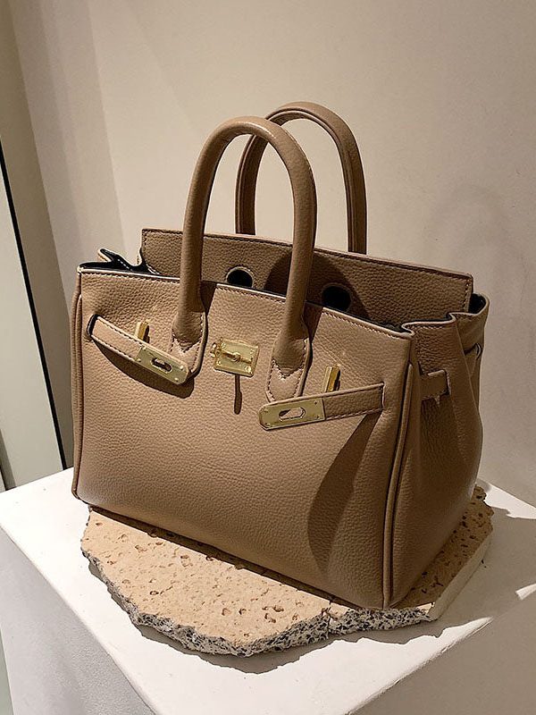 Classy Khaki Faux Leather Solid Durable Tote Handbag