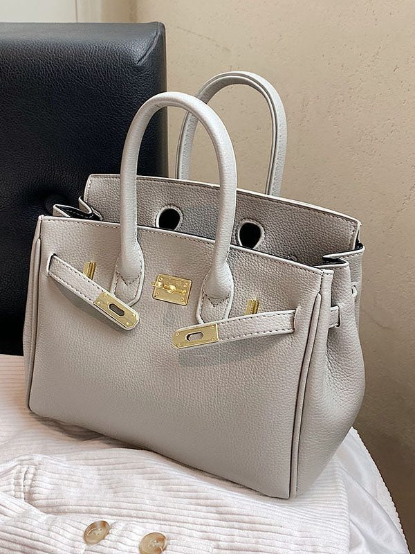 Classy Khaki Faux Leather Solid Durable Tote Handbag