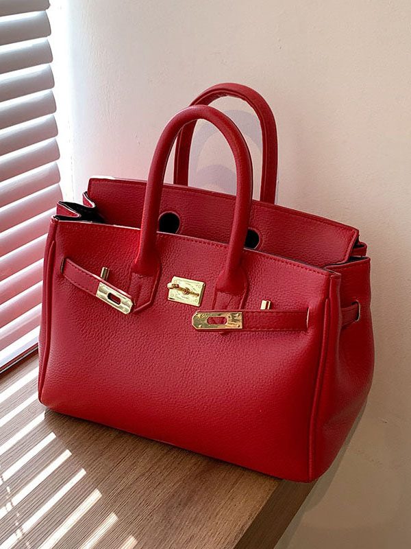 Classy Khaki Faux Leather Solid Durable Tote Handbag