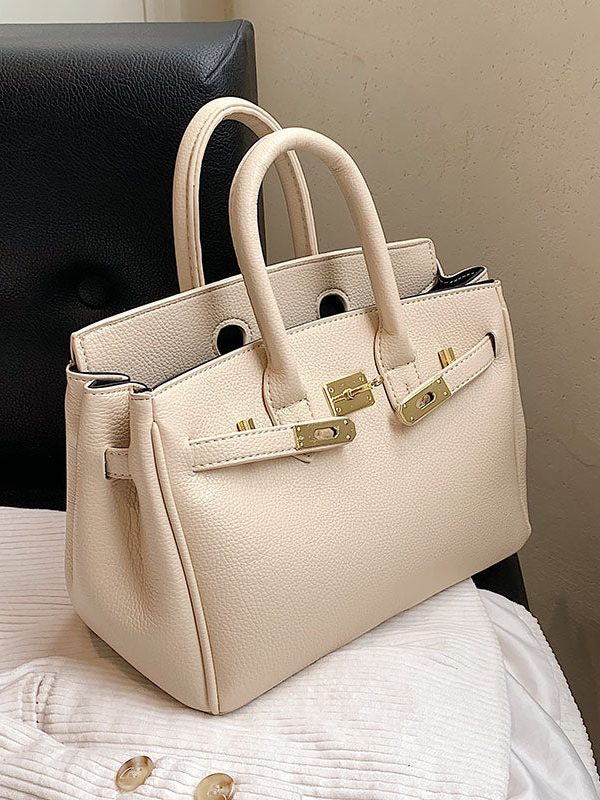 Classy Khaki Faux Leather Solid Durable Tote Handbag