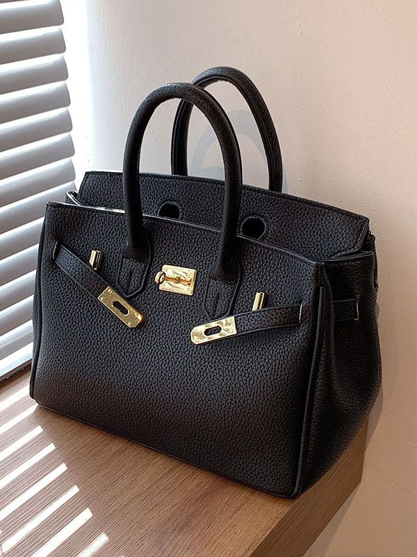 Classy Khaki Faux Leather Solid Durable Tote Handbag