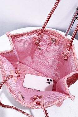 Classy Pink Embroidered Large Capacity Tulle Women Handbags