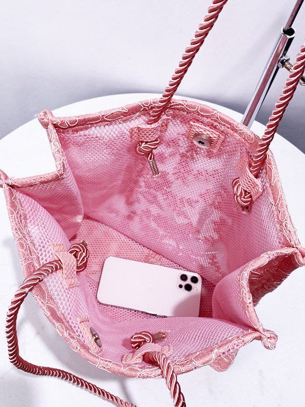 Classy Pink Embroidered Large Capacity Tulle Women Handbags