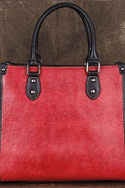 Classy Red Floral Paitings Calf Leather Tote Handbag