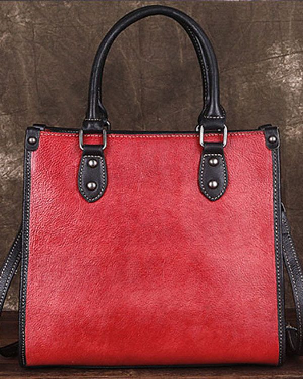 Classy Red Floral Paitings Calf Leather Tote Handbag