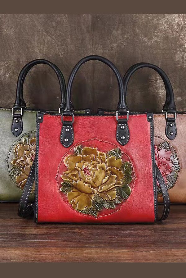 Classy Red Floral Paitings Calf Leather Tote Handbag