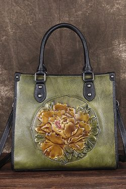 Classy Red Floral Paitings Calf Leather Tote Handbag