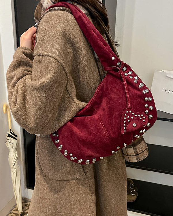 Classy Red Rivet Durable Faux Leather Satchel Handbag