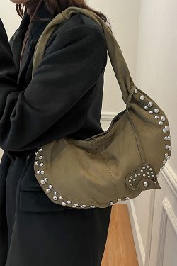 Classy Red Rivet Durable Faux Leather Satchel Handbag