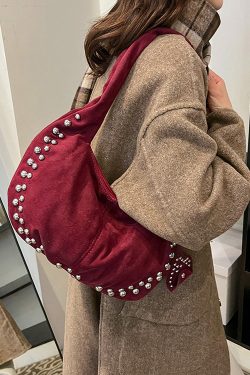 Classy Red Rivet Durable Faux Leather Satchel Handbag