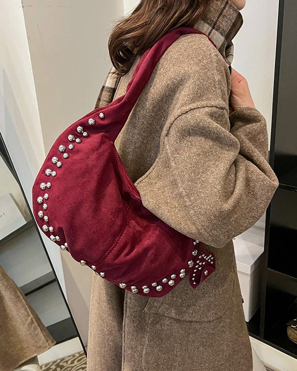 Classy Red Rivet Durable Faux Leather Satchel Handbag