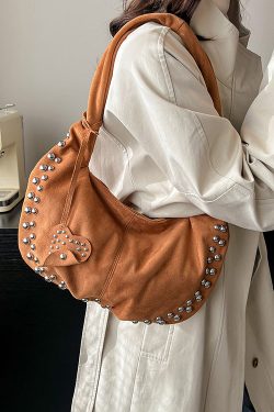 Classy Red Rivet Durable Faux Leather Satchel Handbag