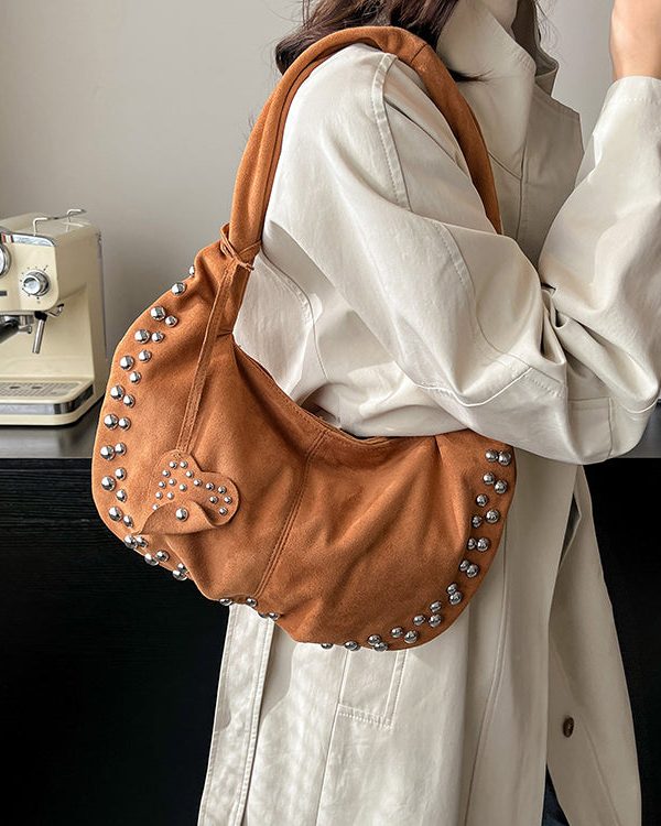 Classy Red Rivet Durable Faux Leather Satchel Handbag