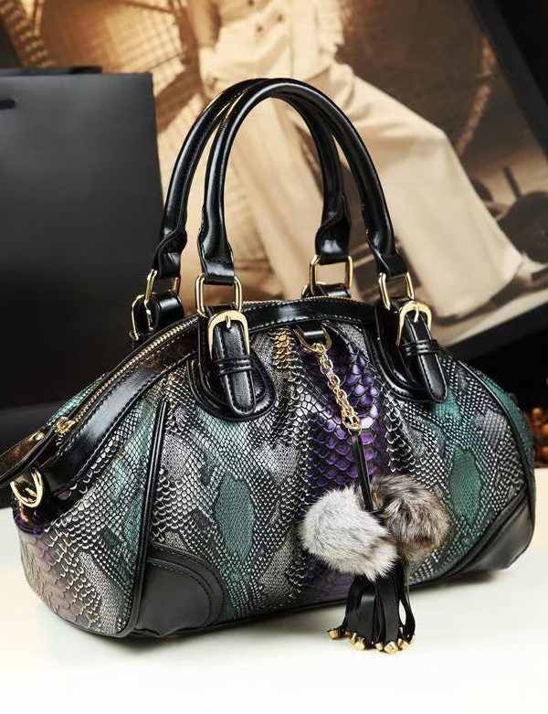 Classy Red Serpentine Fuzzy Ball Decorated Women Handbags