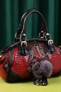 Classy Red Serpentine Fuzzy Ball Decorated Women Handbags