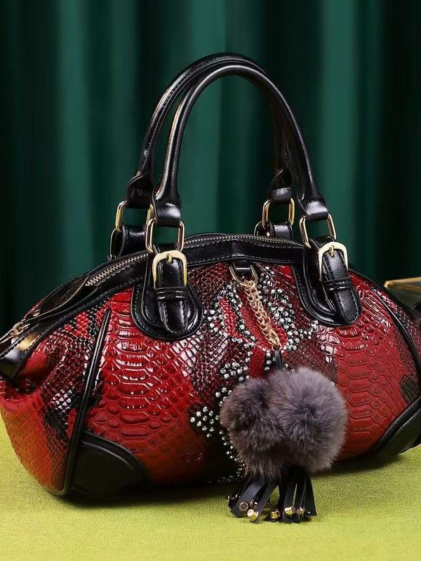 Classy Red Serpentine Fuzzy Ball Decorated Women Handbags
