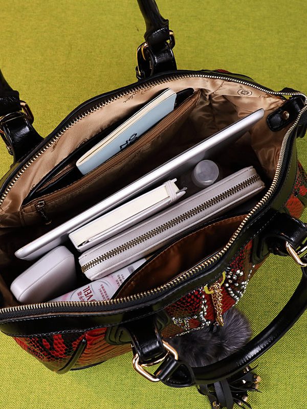 Classy Red Serpentine Fuzzy Ball Decorated Women Handbags