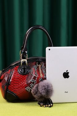 Classy Red Serpentine Fuzzy Ball Decorated Women Handbags