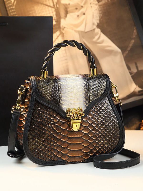 Classy Stylish Gold Embossed Calf Leather Tote Handbag