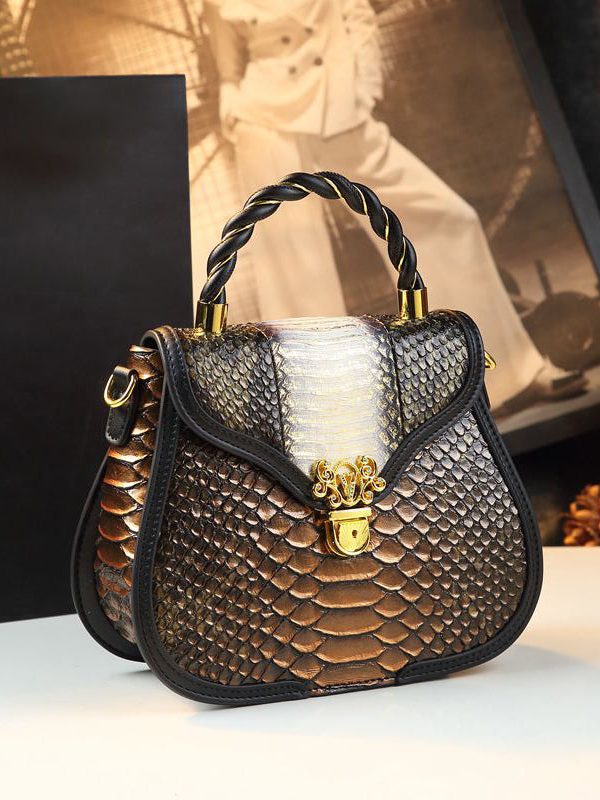 Classy Stylish Gold Embossed Calf Leather Tote Handbag