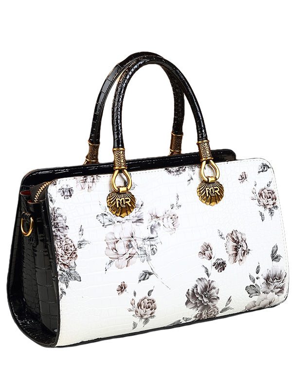 Classy Versatile White Embossed Calf Leather Tote Handbag