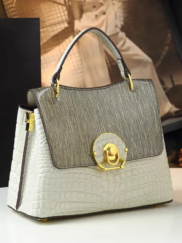 Classy White Embossed Large Capacity Calf Leather Tote Handbag