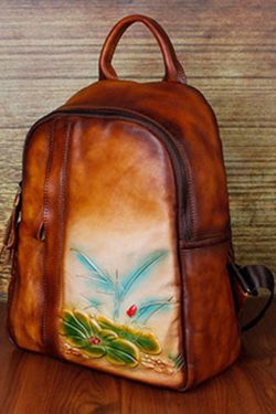 Classy Yellow Brown Embossing Paitings Calf Leather Backpack Bag