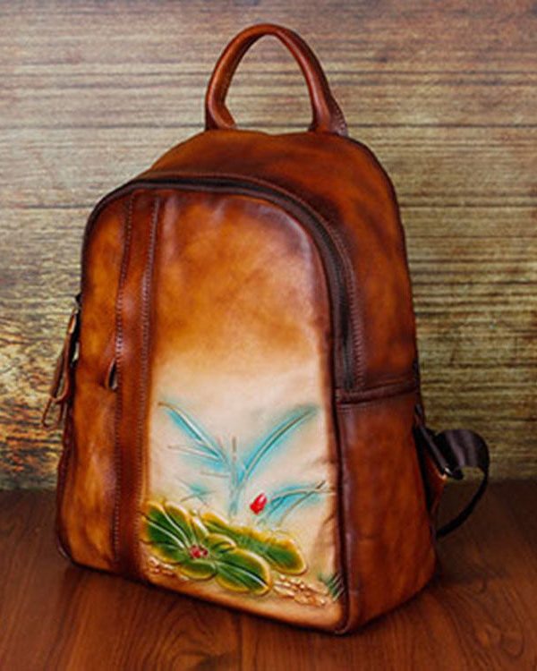 Classy Yellow Brown Embossing Paitings Calf Leather Backpack Bag