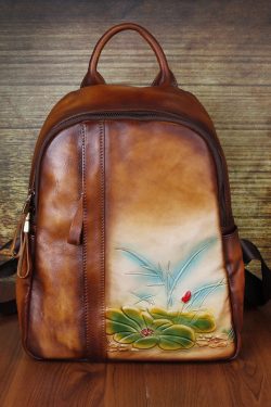 Classy Yellow Brown Embossing Paitings Calf Leather Backpack Bag