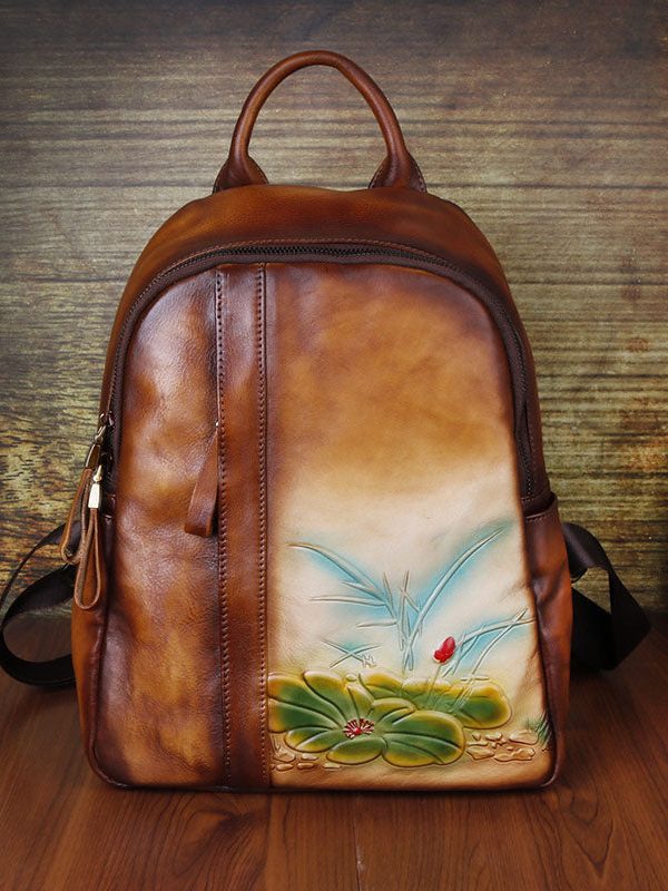 Classy Yellow Brown Embossing Paitings Calf Leather Backpack Bag