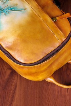 Classy Yellow Brown Embossing Paitings Calf Leather Backpack Bag