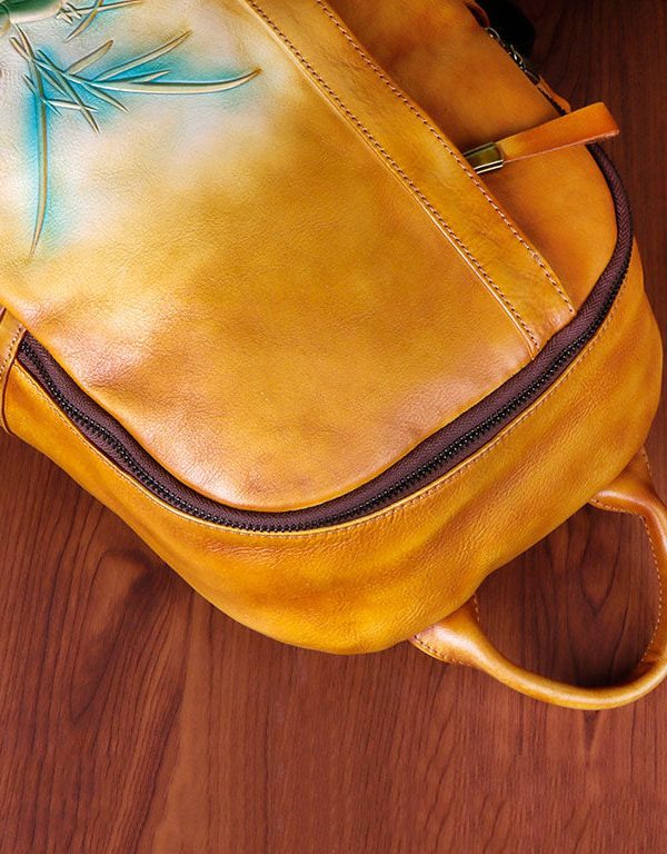 Classy Yellow Brown Embossing Paitings Calf Leather Backpack Bag
